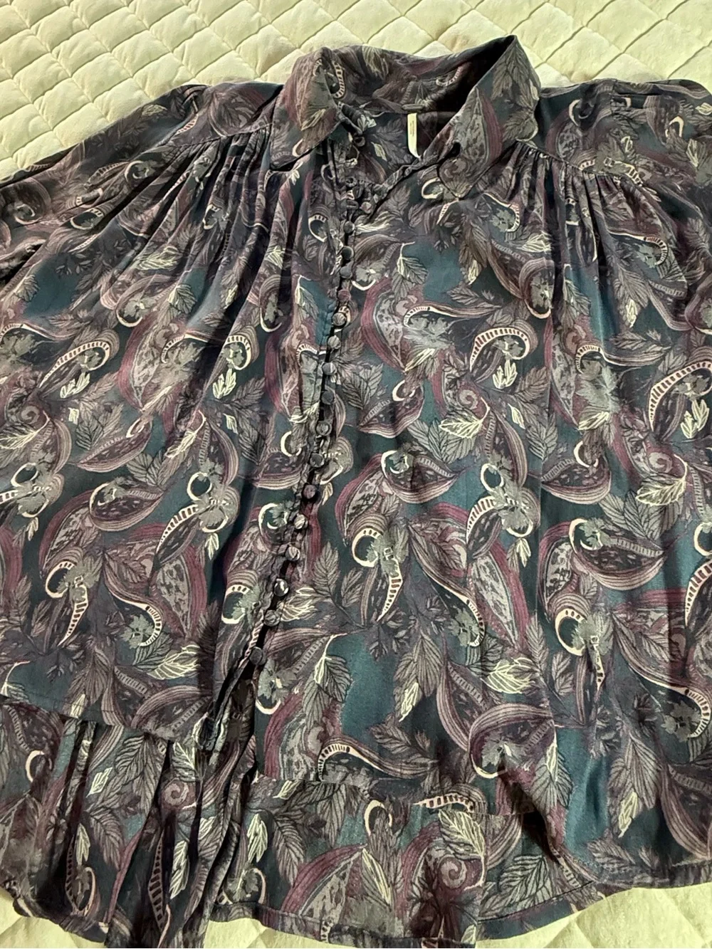 Free People Purple Paisley Boho Blouse Flared Sleeve Button Front Extra Small XS